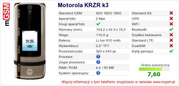 Dane telefonu Motorola KRZR k3 Dane telefonu Motorola KRZR k3