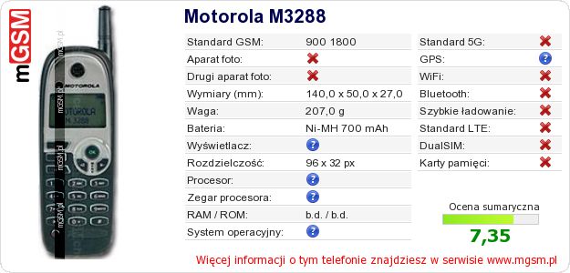 Dane telefonu Motorola M3288 Dane telefonu Motorola M3288