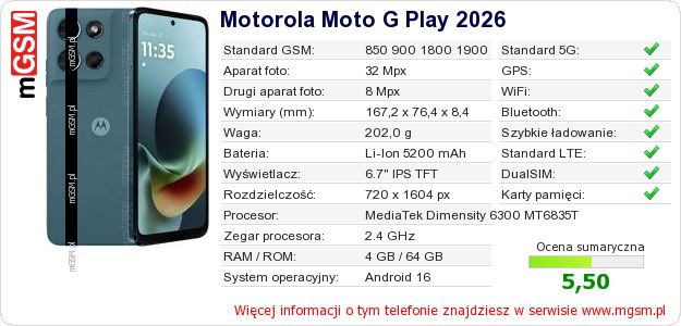 Dane telefonu Motorola Moto G Play 2026 Dane telefonu Motorola Moto G Play 2026