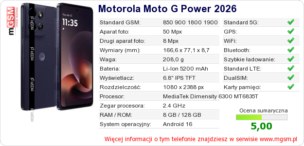 Dane telefonu Motorola Moto G Power 2026 Dane telefonu Motorola Moto G Power 2026