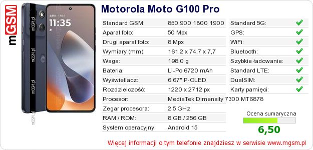 Dane telefonu Motorola Moto G100 Pro Dane telefonu Motorola Moto G100 Pro