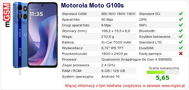 Dane telefonu Motorola Moto G100s Dane telefonu Motorola Moto G100s