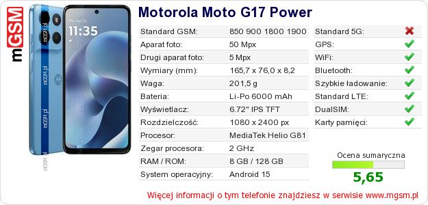 Dane telefonu Motorola Moto G17 Power
