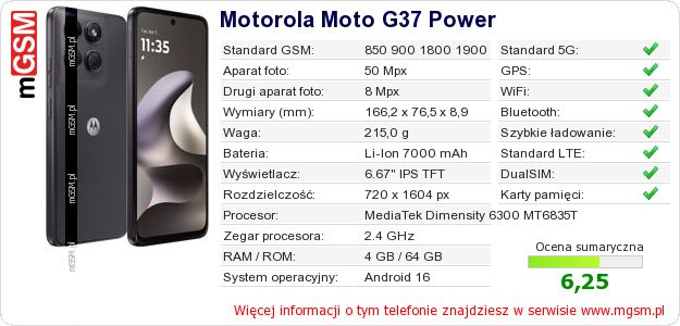 Dane telefonu Motorola Moto G37 Power