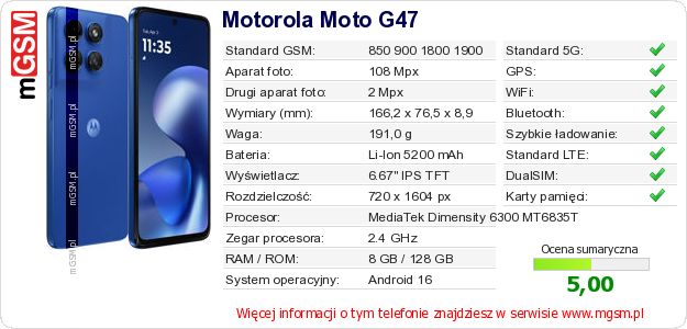 Dane telefonu Motorola Moto G47