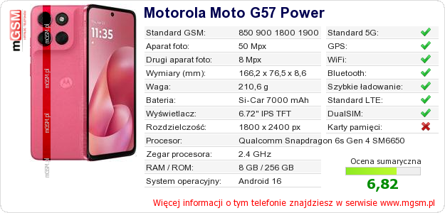 Dane telefonu Motorola Moto G57 Power