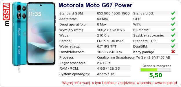 Dane telefonu Motorola Moto G67 Power