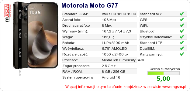 Dane telefonu Motorola Moto G77