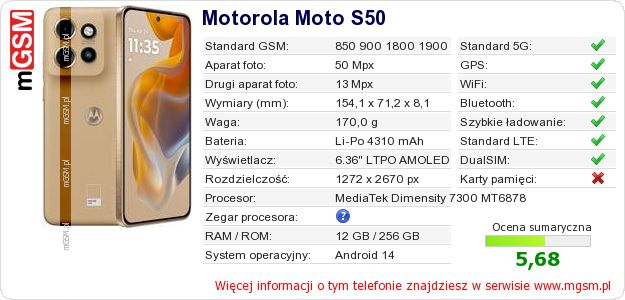 Dane telefonu Motorola Moto S50