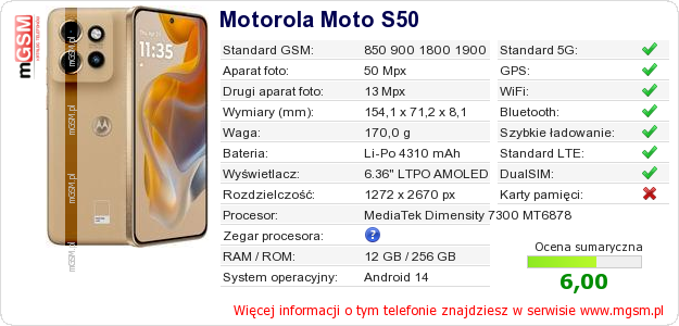 Dane telefonu Motorola Moto S50