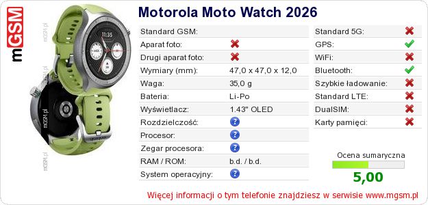 Dane telefonu Motorola Moto Watch 2026