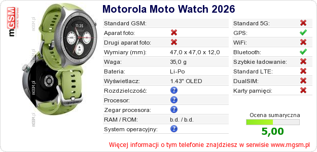 Dane telefonu Motorola Moto Watch 2026