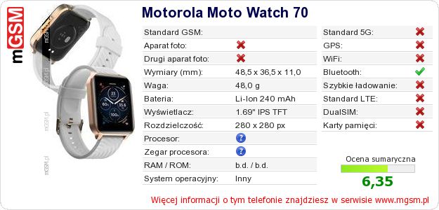 Dane telefonu Motorola Moto Watch 70