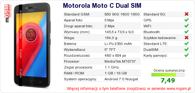 Dane telefonu Motorola Moto C Dual SIM