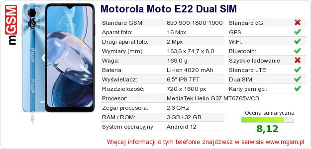 Dane telefonu Motorola Moto E22 Dual SIM Dane telefonu Motorola Moto E22 Dual SIM
