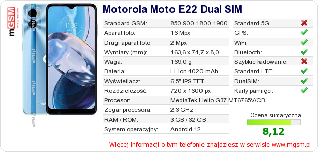 Dane telefonu Motorola Moto E22 Dual SIM