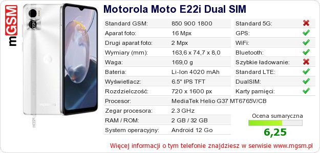 Dane telefonu Motorola Moto E22i Dual SIM