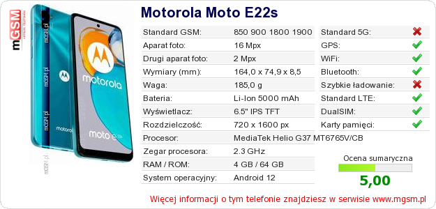Dane telefonu Motorola Moto E22s