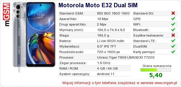 Dane telefonu Motorola Moto E32 Dual SIM