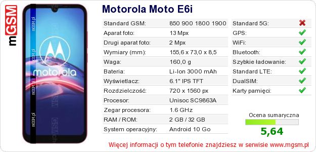 Dane telefonu Motorola Moto E6i
