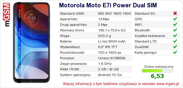 Dane telefonu Motorola Moto E7i Power Dual SIM Dane telefonu Motorola Moto E7i Power Dual SIM