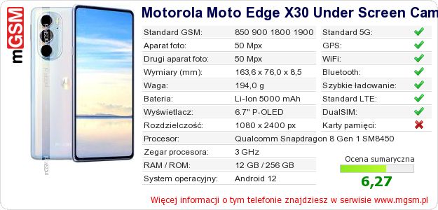 Dane telefonu Motorola Moto Edge X30 Under Screen Camera