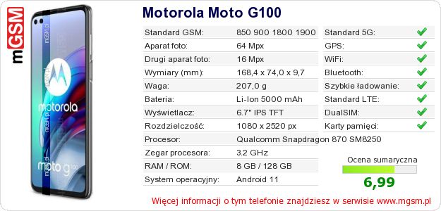Dane telefonu Motorola Moto G100 Dane telefonu Motorola Moto G100