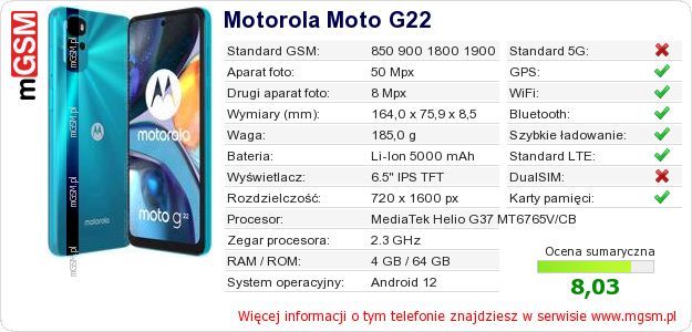 Dane telefonu Motorola Moto G22 Dane telefonu Motorola Moto G22