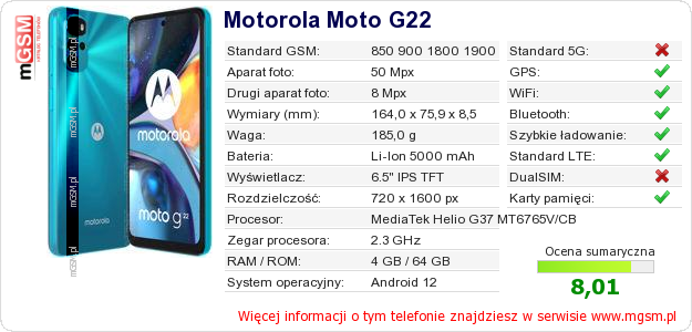 Dane telefonu Motorola Moto G22