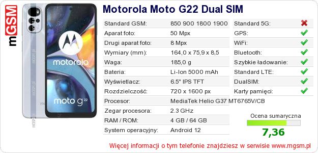 Dane telefonu Motorola Moto G22 Dual SIM