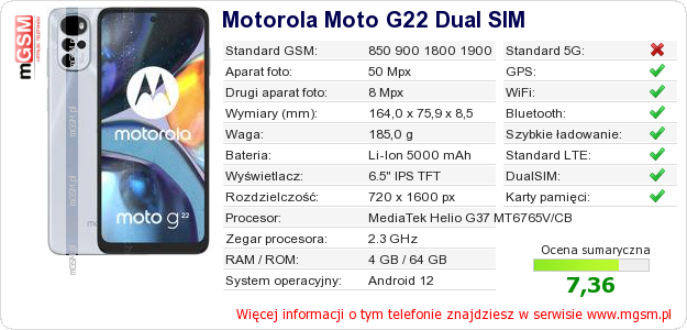Dane telefonu Motorola Moto G22 Dual SIM