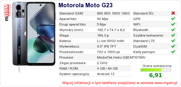 Dane telefonu Motorola Moto G23