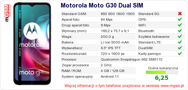 Dane telefonu Motorola Moto G30 Dual SIM