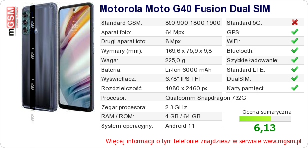 Dane telefonu Motorola Moto G40 Fusion Dual SIM Dane telefonu Motorola Moto G40 Fusion Dual SIM