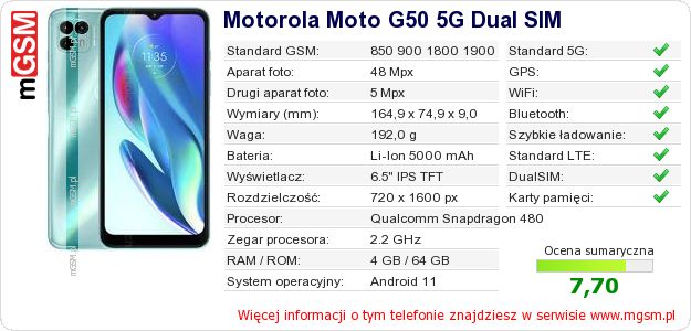 Dane telefonu Motorola Moto G50 5G Dual SIM Dane telefonu Motorola Moto G50 5G Dual SIM