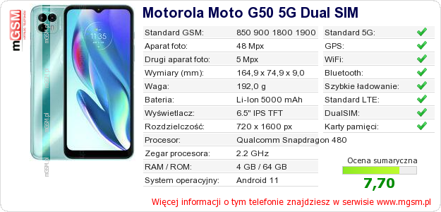 Dane telefonu Motorola Moto G50 5G Dual SIM