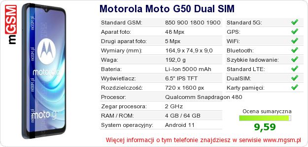 Dane telefonu Motorola Moto G50 Dual SIM