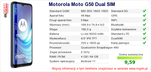 Dane telefonu Motorola Moto G50 Dual SIM