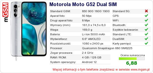 Dane telefonu Motorola Moto G52 Dual SIM Dane telefonu Motorola Moto G52 Dual SIM