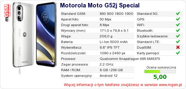 Dane telefonu Motorola Moto G52j Special