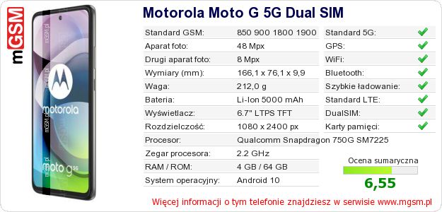 Dane telefonu Motorola Moto G 5G Dual SIM