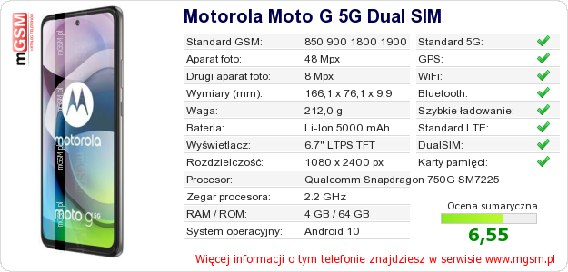 Dane telefonu Motorola Moto G 5G Dual SIM Dane telefonu Motorola Moto G 5G Dual SIM