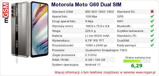Dane telefonu Motorola Moto G60 Dual SIM