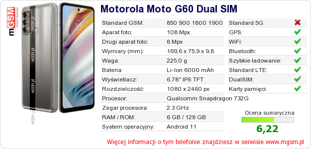 Dane telefonu Motorola Moto G60 Dual SIM