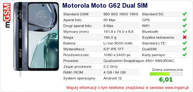Dane telefonu Motorola Moto G62 Dual SIM