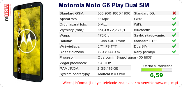 Dane telefonu Motorola Moto G6 Play Dual SIM
