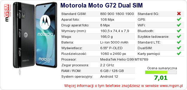 Dane telefonu Motorola Moto G72 Dual SIM Dane telefonu Motorola Moto G72 Dual SIM