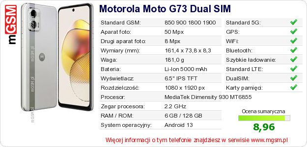 Dane telefonu Motorola Moto G73 Dual SIM