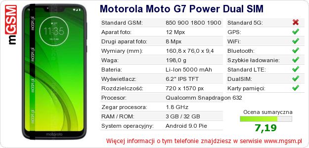 Dane telefonu Motorola Moto G7 Power Dual SIM Dane telefonu Motorola Moto G7 Power Dual SIM