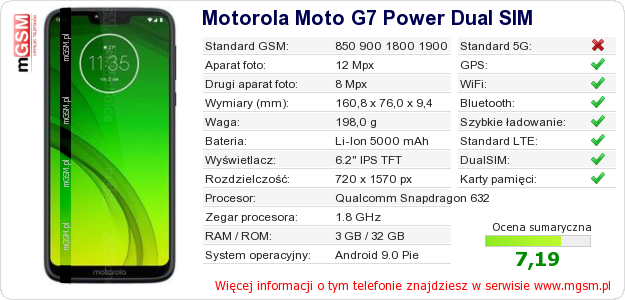 Dane telefonu Motorola Moto G7 Power Dual SIM Dane telefonu Motorola Moto G7 Power Dual SIM